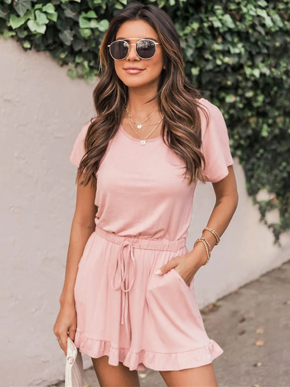 Ruffled Boat Neck Short Sleeve Romper in Blush Pink