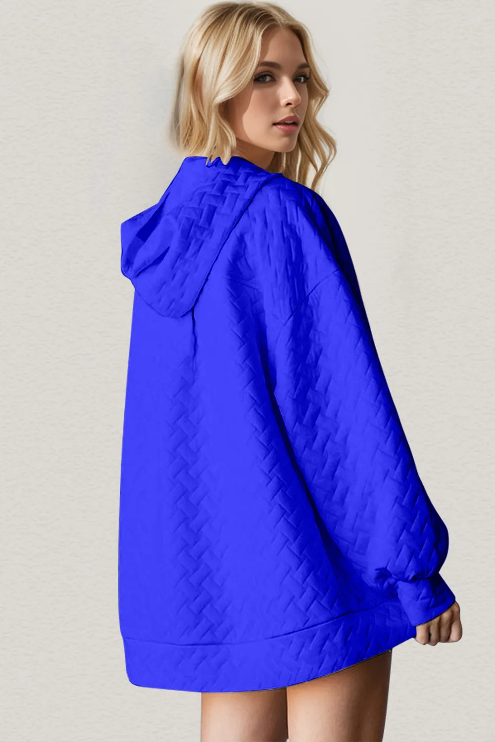 Double Take Full Size Texture Drop Shoulder Long Sleeve Hoodie in Royal Blue, view 2