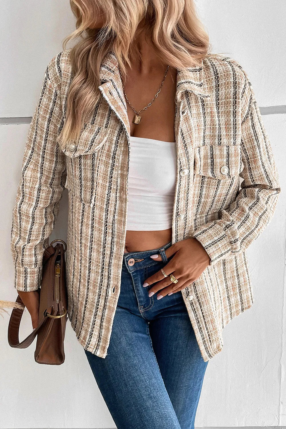 Perfee Pocketed Button Up Collared Neck Jacket in Tan