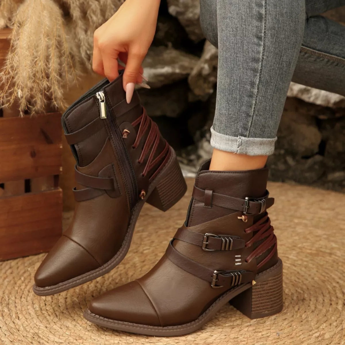 Point Toe Buckle Strap Ankle Boots with Block Heels - Lilixa.store
