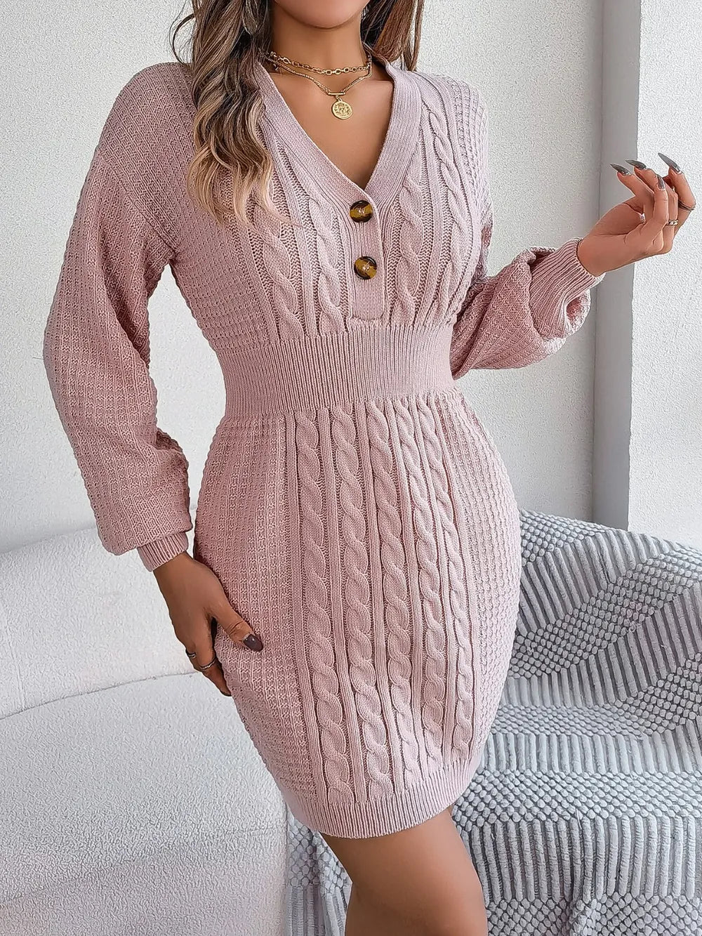 Buttoned Cable-Knit V-Neck Sweater Dress, view 7