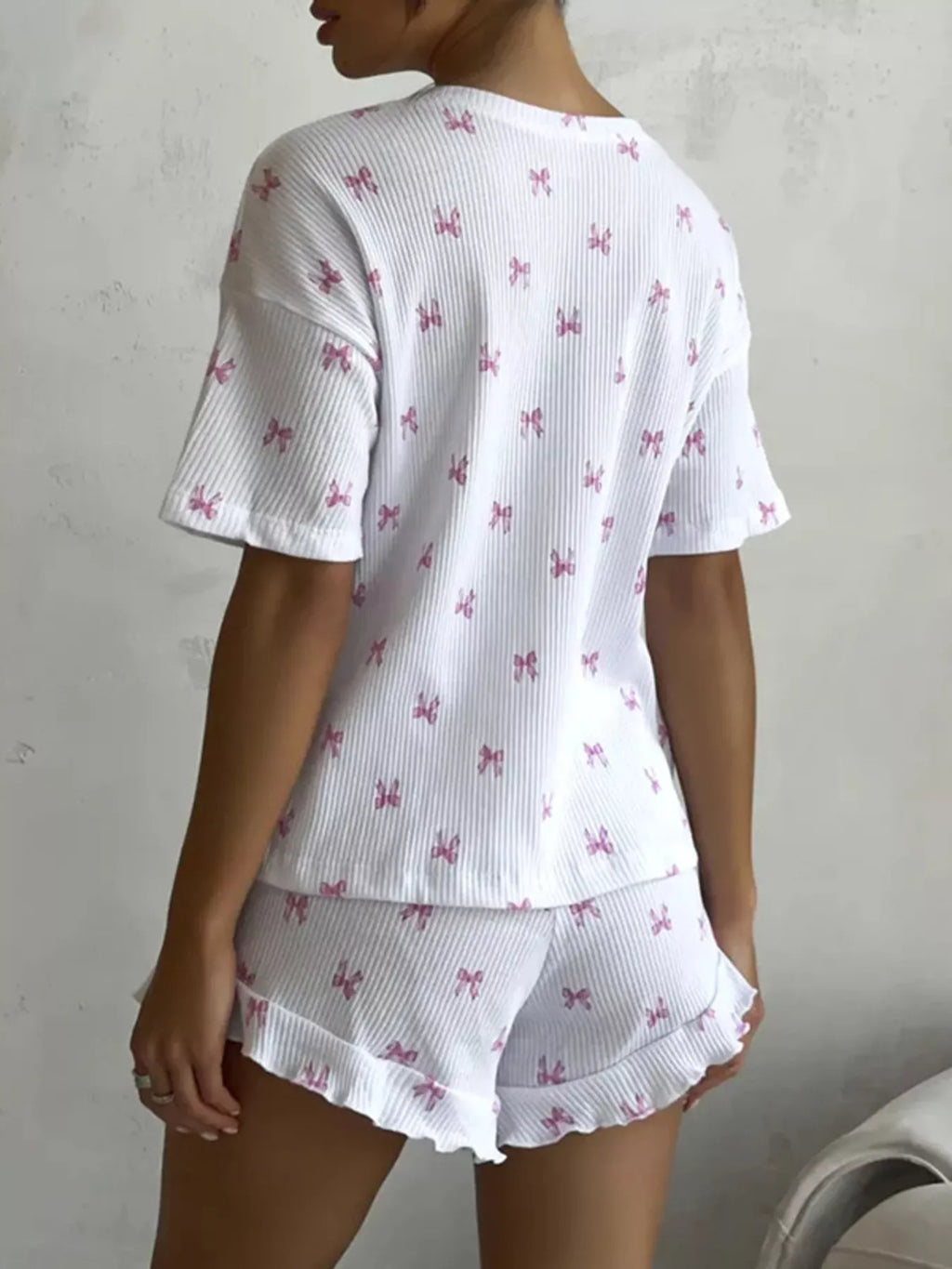 Ribbed Knit Bow Print Top and Shorts Lounge Set - Lilixa.store