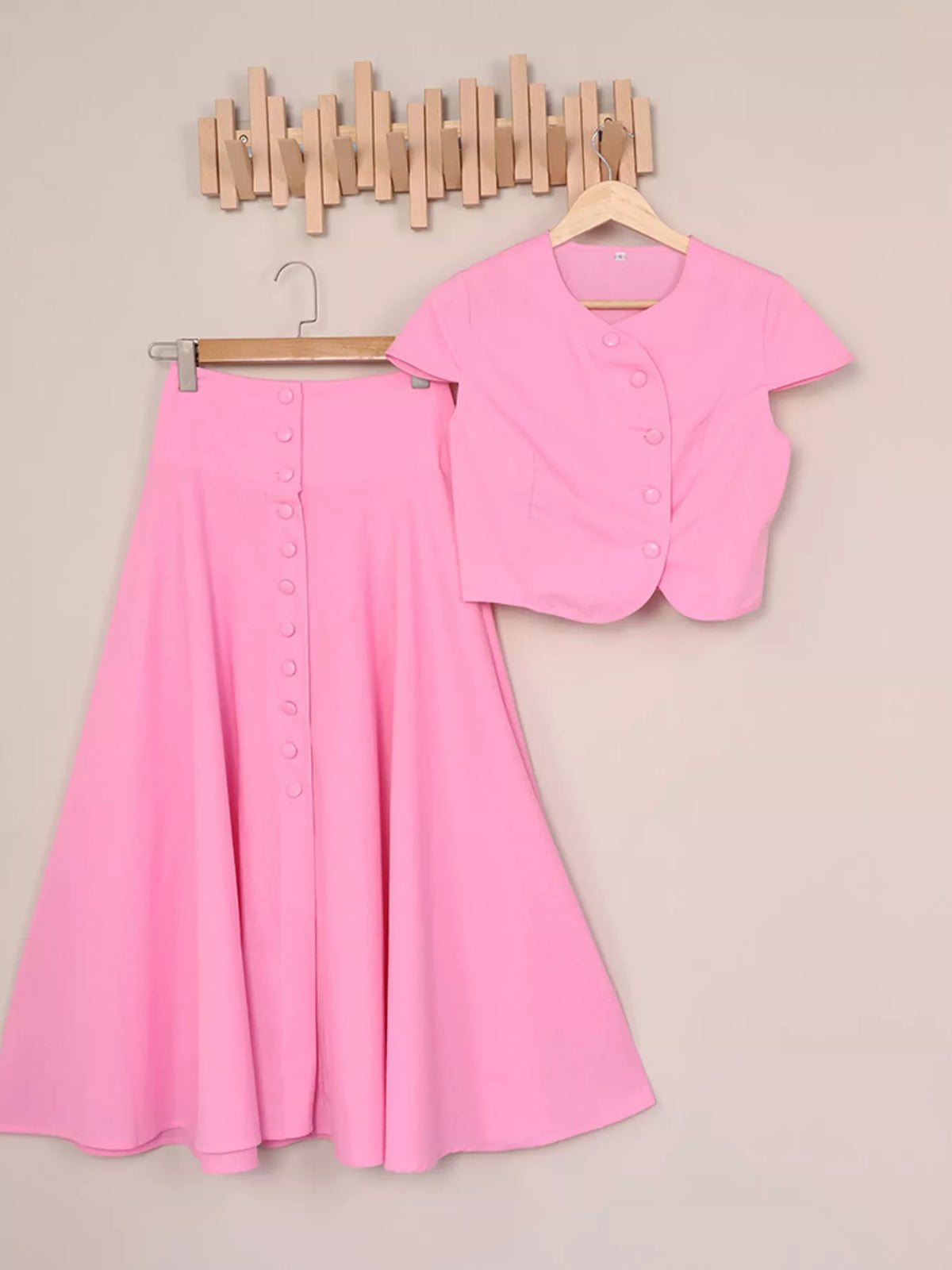 Cap Sleeve Button-Down Crop Top and Midi Skirt Set, view 16