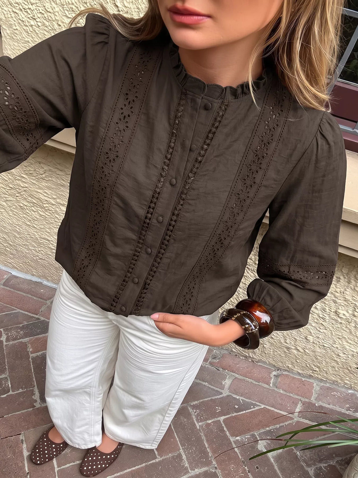 Eyelet Lace Trim Long Sleeve Blouse