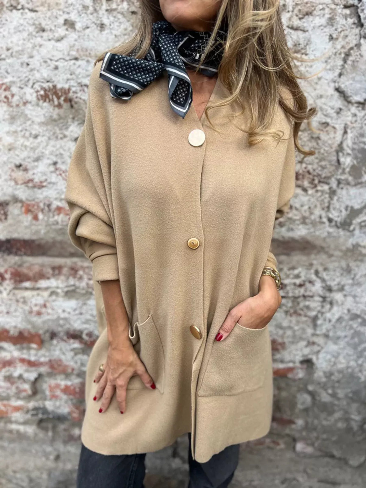 Full Size Button-Down Long Sleeve Cardigan Plus Size in Tan