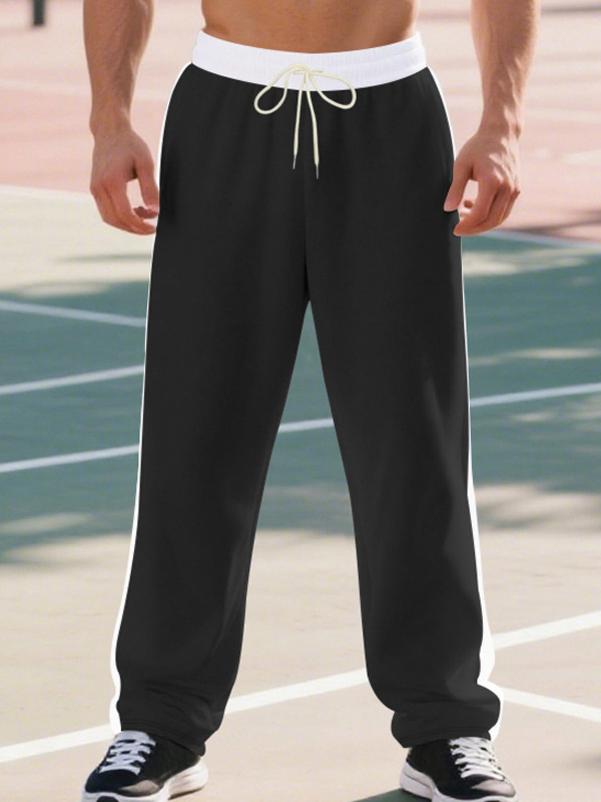Men's Full Size Side Stripe Wide Leg Pants Plus Size in Black