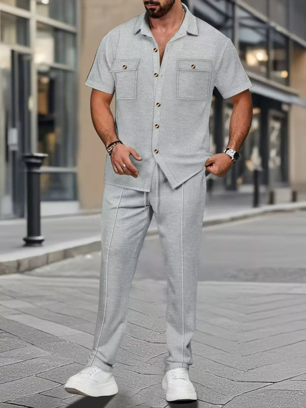 Men's Full Size Casual Short Sleeve Shirt and Pants Set Plus Size in Gray