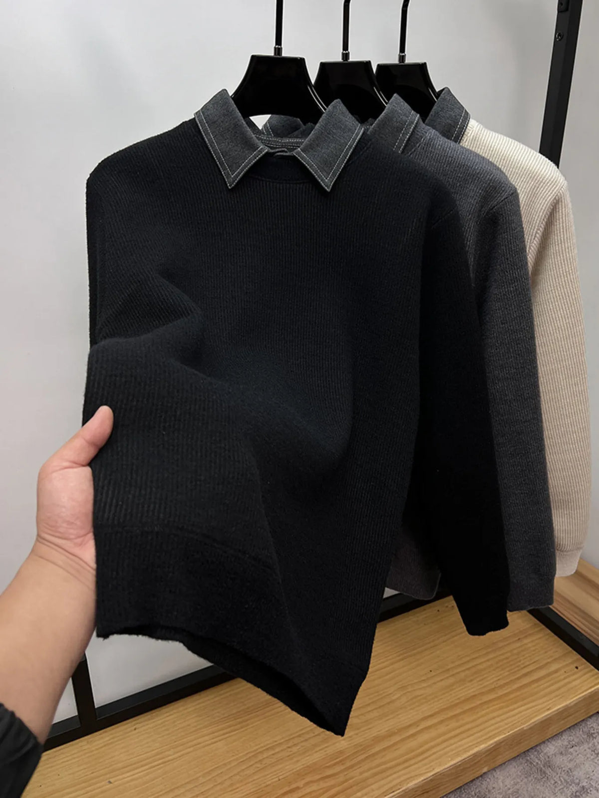 Men's Plus Size Ribbed Knit Collared Neck Sweater - Lilixa.store