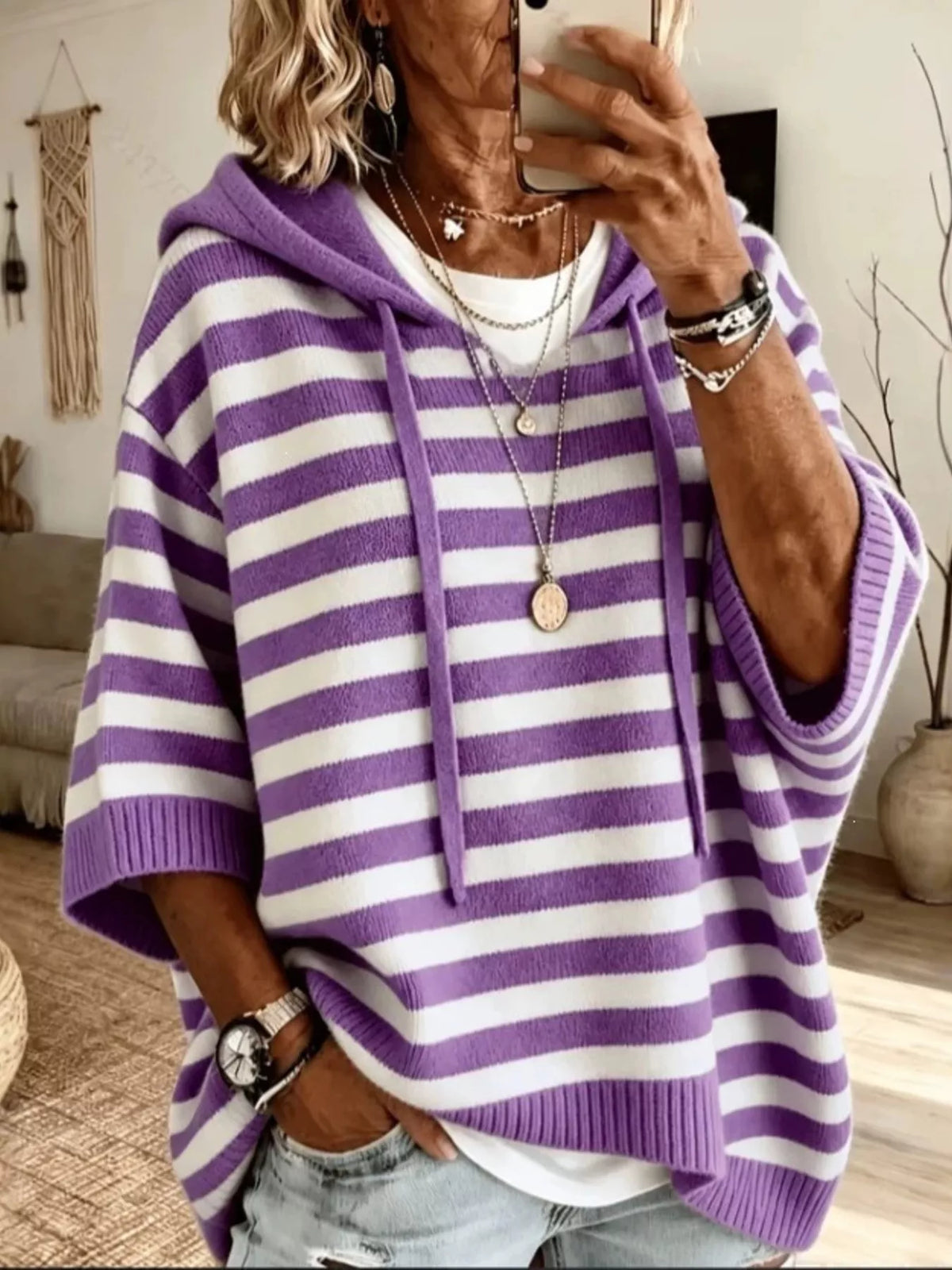 Casual Striped Hooded Knit Sweater in Purple