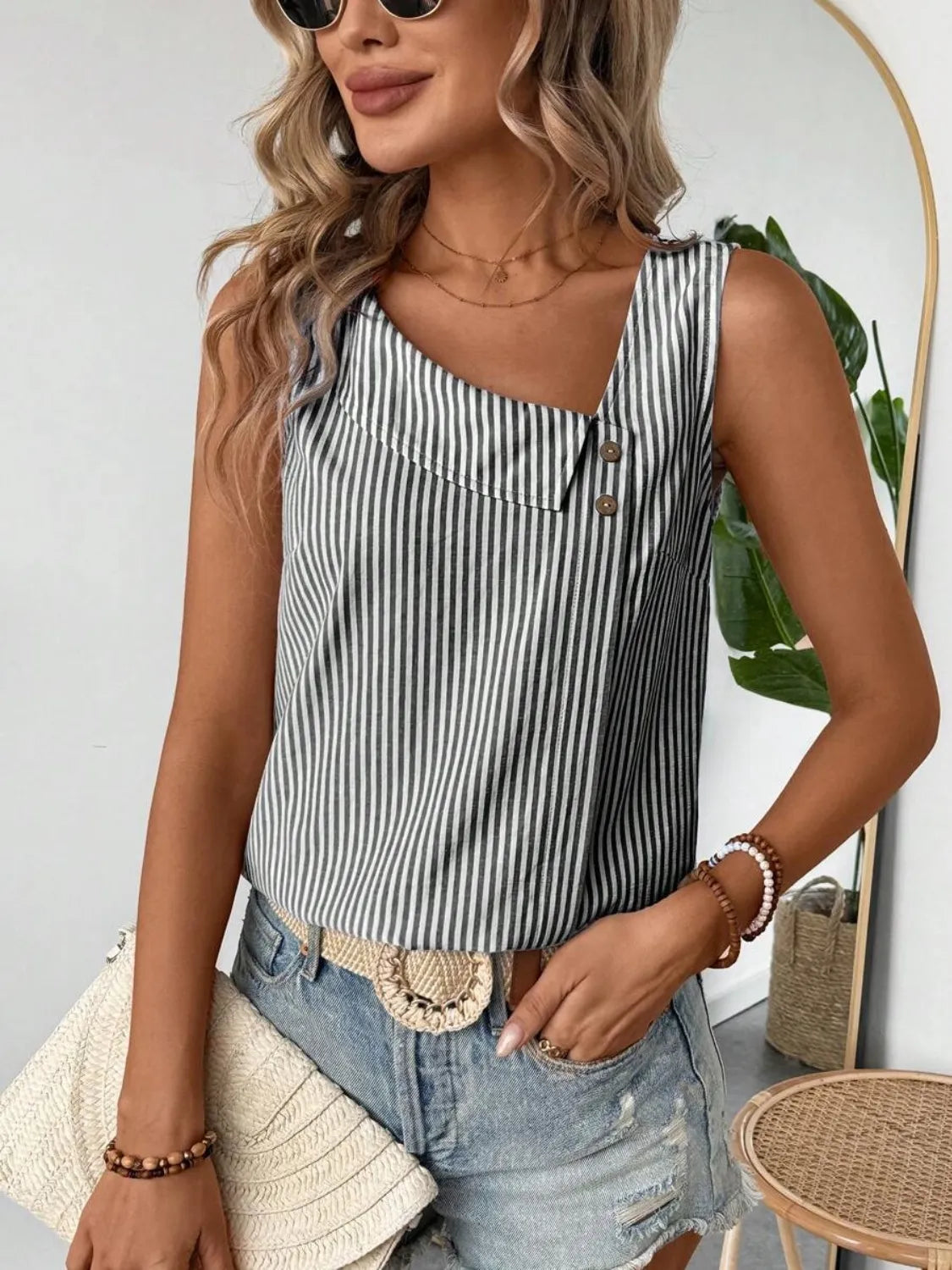 Decorative Button Asymmetrical Striped Tank - Lilixa.store
