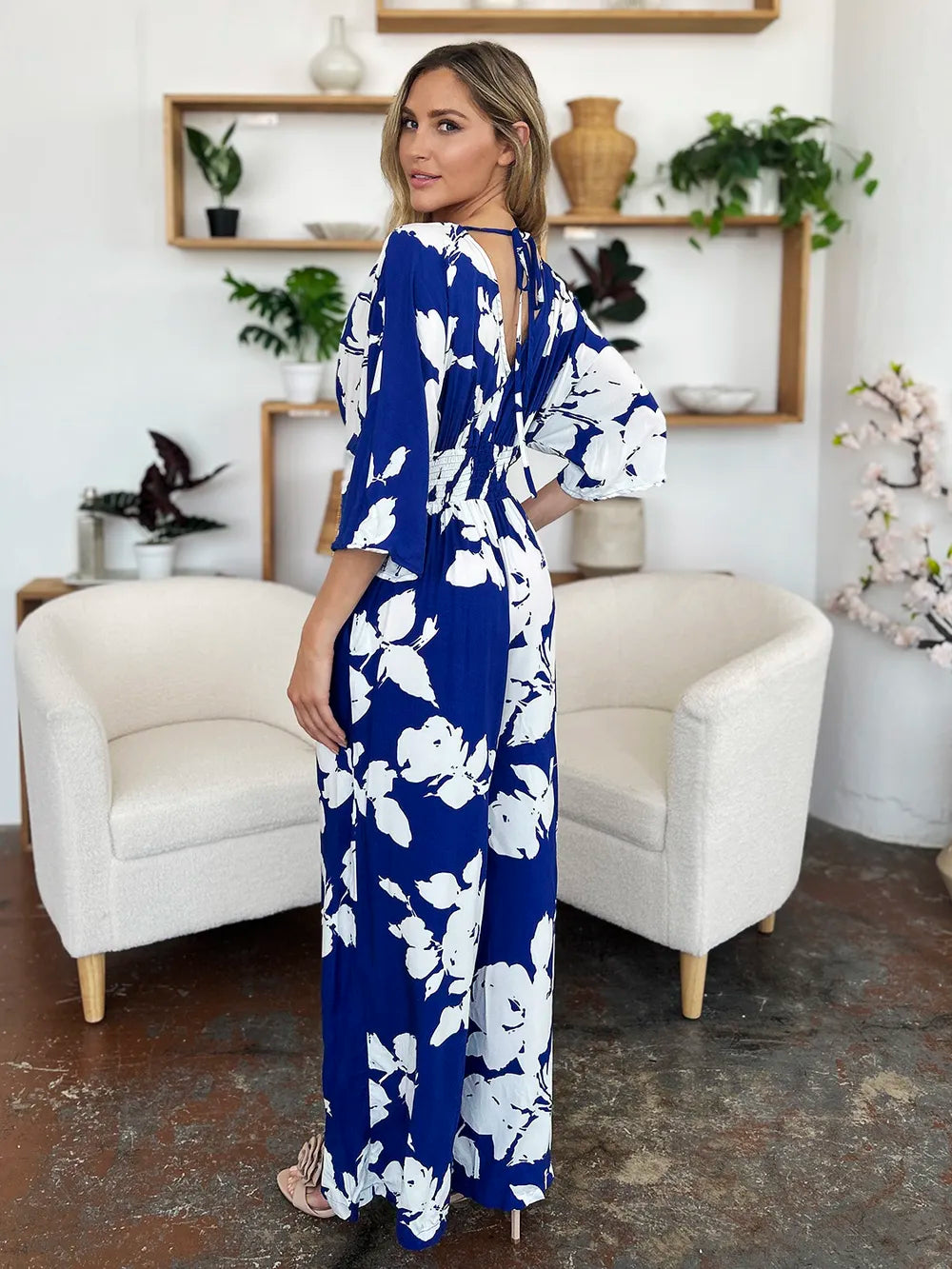 Double Take Full Size Printed Tie Back Wide Leg Jumpsuit - Lilixa.store