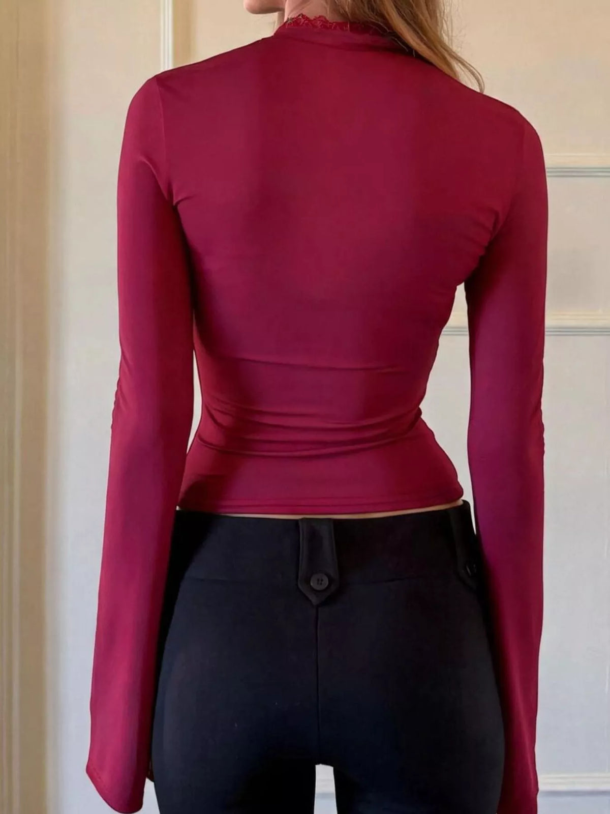 Lace-Trimmed Keyhole Long Sleeve T-Shirt - Lilixa.store