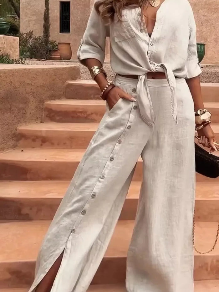 Full Size Tie-Front Shirt and Button-Down Wide-Leg Pants Set Plus Size in Apricot