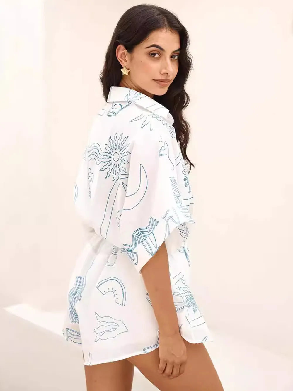 Printed Collared Neck Half Sleeve Romper - Lilixa.store