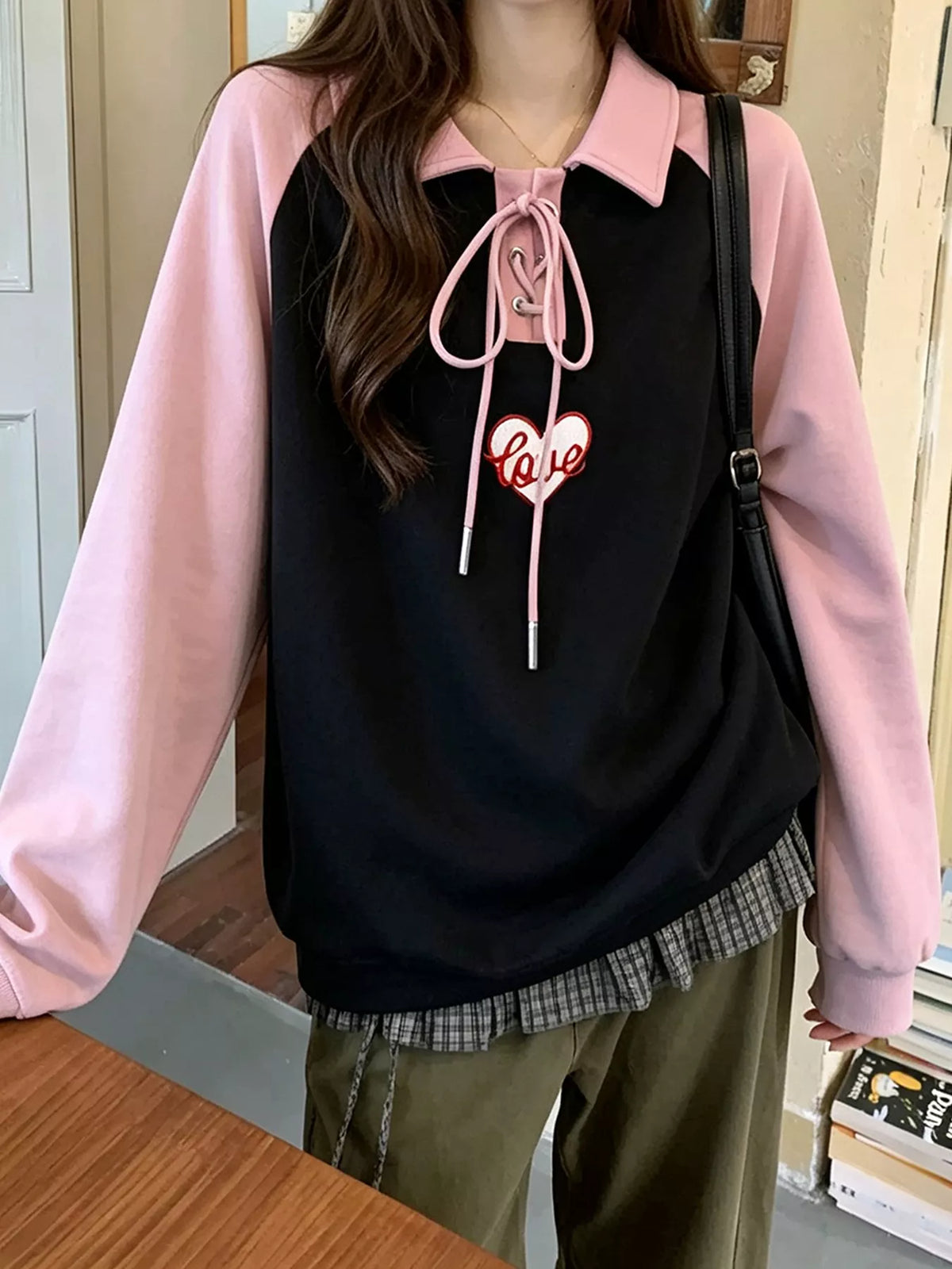 Heart Embroidery Lace-Up Detail Polo Collar Sweatshirt - Lilixa.store