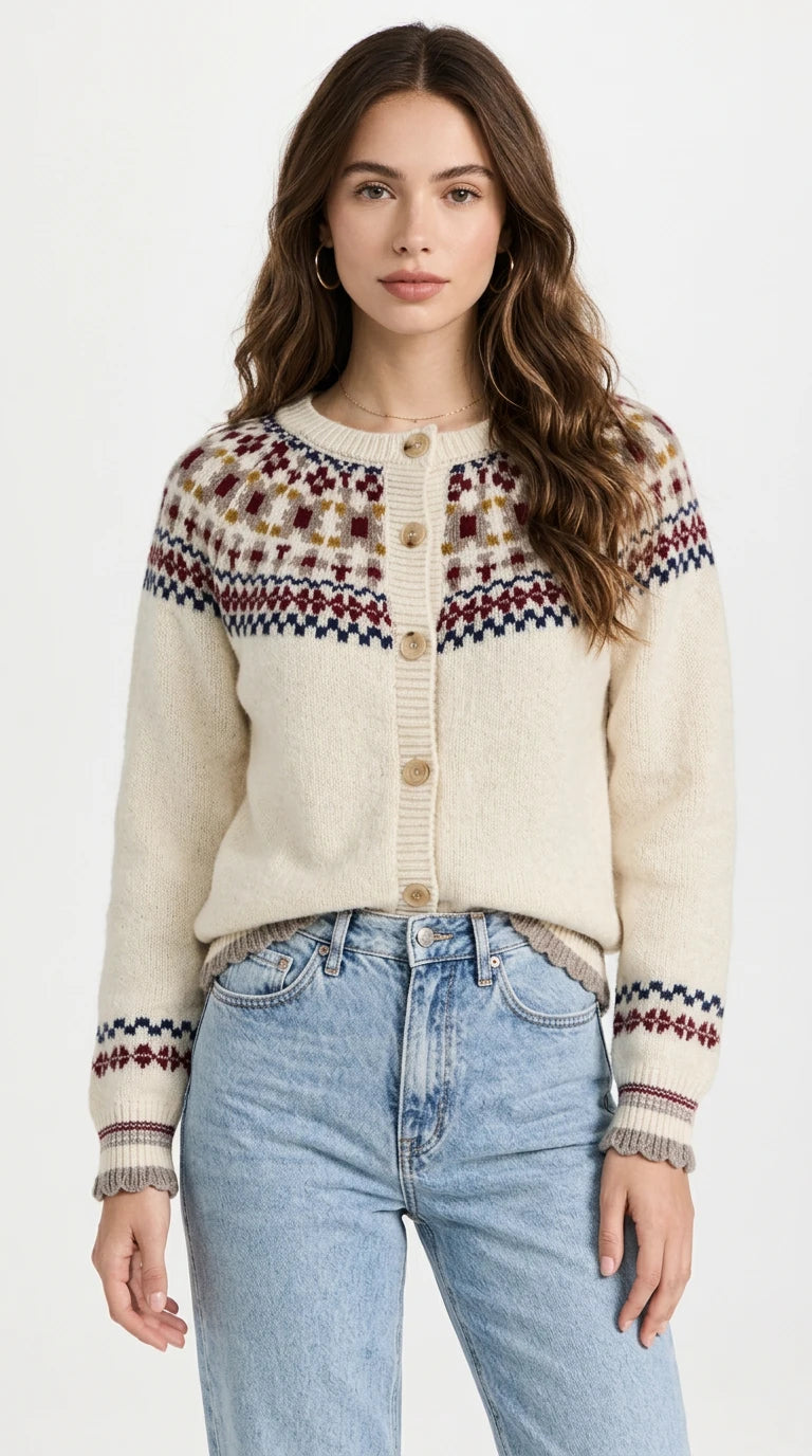 Fair Isle Patterned Button-Down Knit Cardigan in Off-white