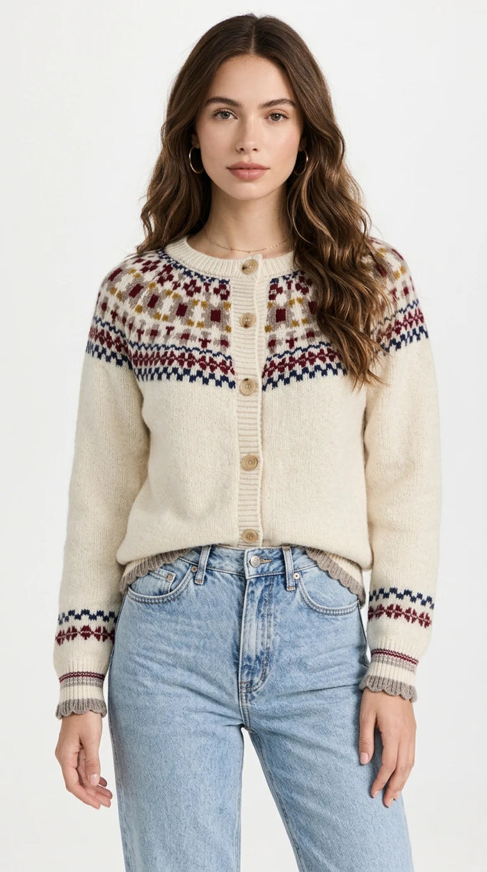 Fair Isle Patterned Button-Down Knit Cardigan in Off-white