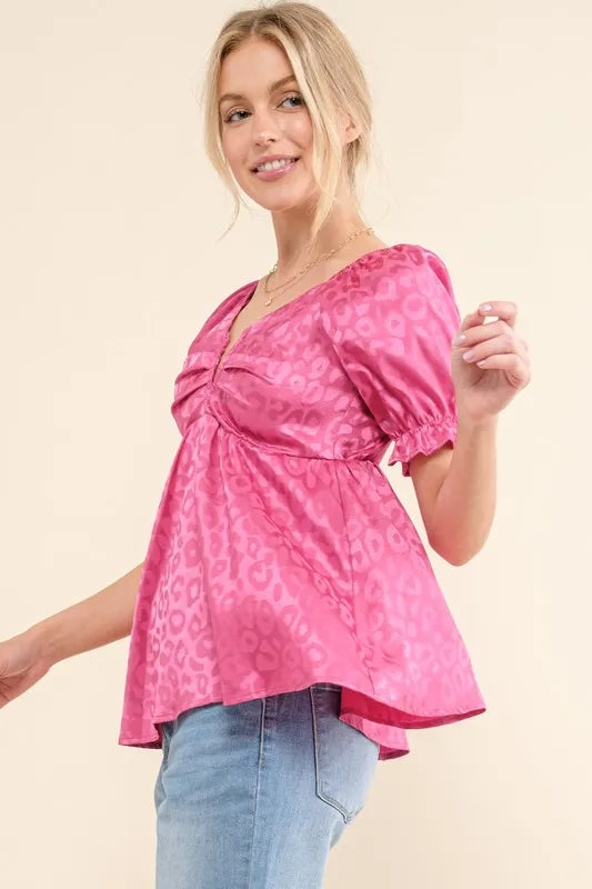 And The Why Satin Leopard V Wired Puff Sleeves Blouse - Lilixa.store