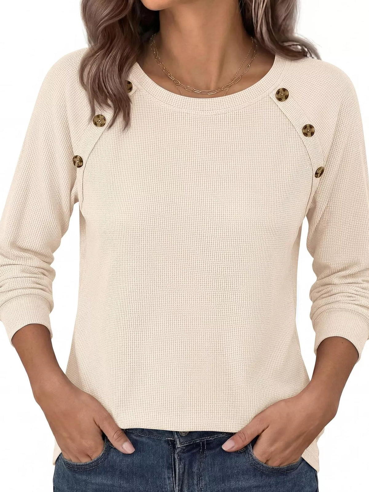 Decorative Button Waffle Knit Long Sleeve T-Shirt