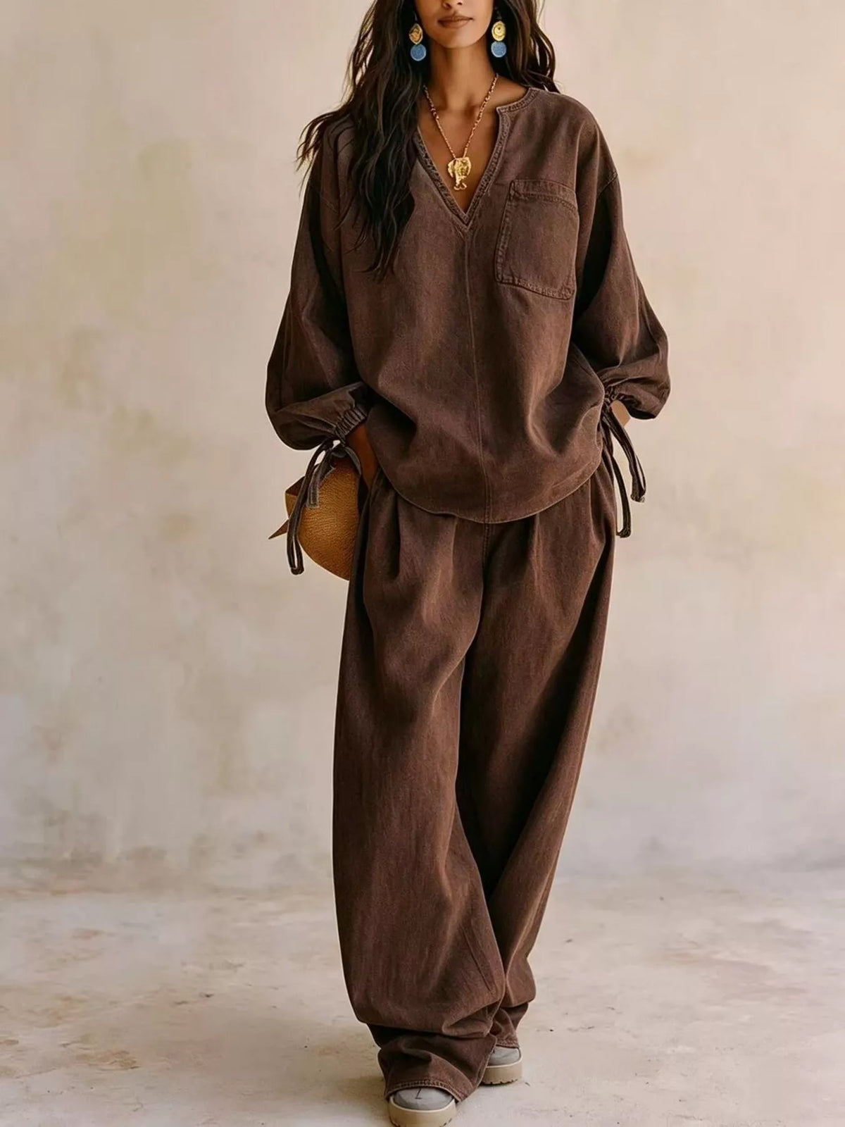 Relaxed Fit Drawstring Sleeve Detail Top and Pants Denim Set, view 7