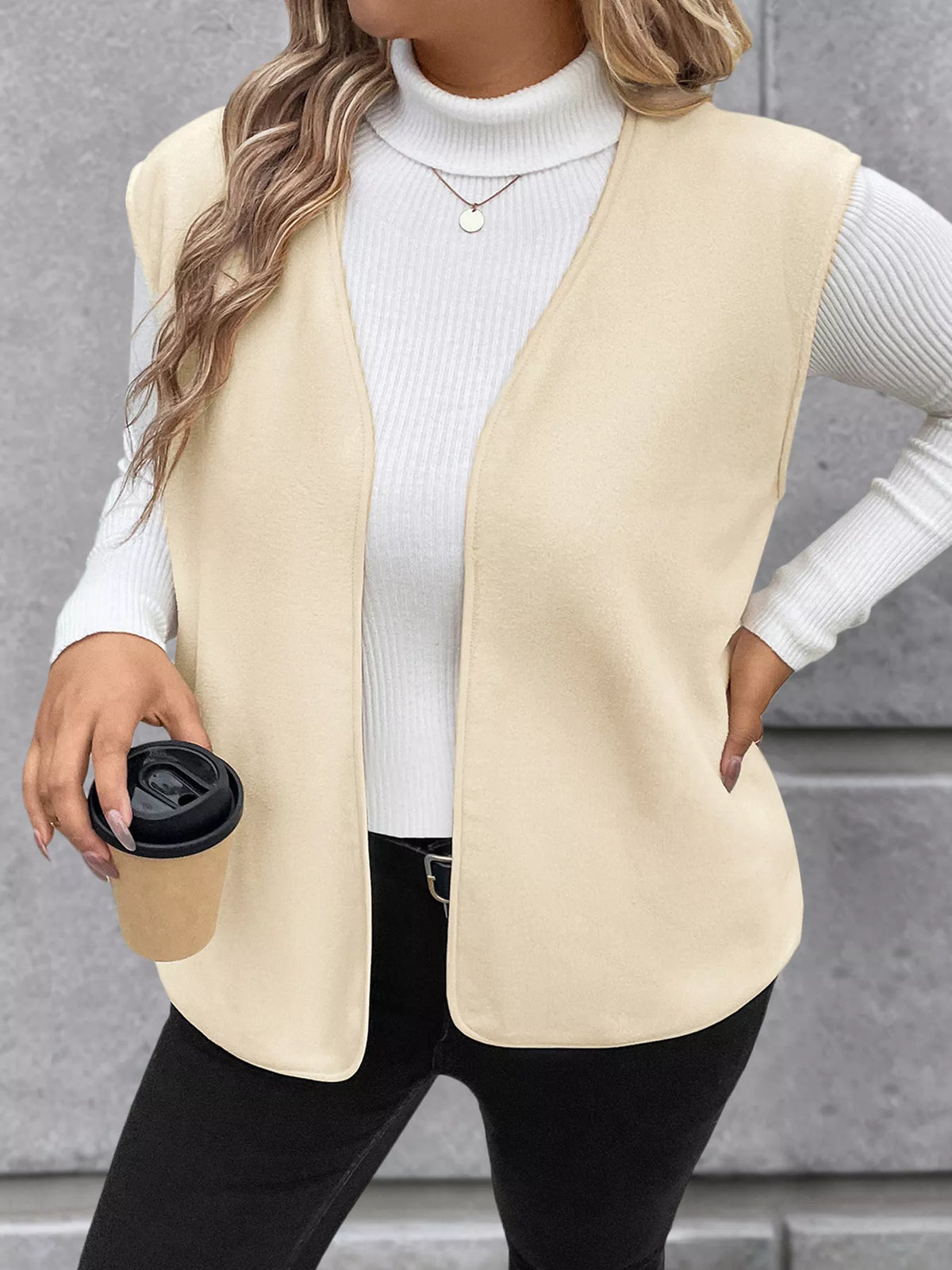 Full Size Open Front Vest Coat Plus Size in Apricot, view 11