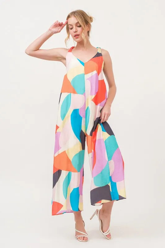 And The Why Tied Shoulder Straps Wide-Leg Geo Print Jumpsuit - Lilixa.store