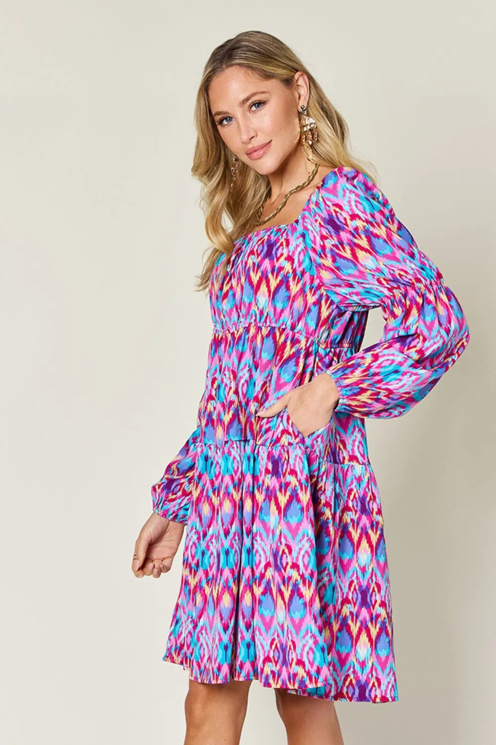 Double Take Full Size Printed Long Sleeve Dress - Lilixa.store