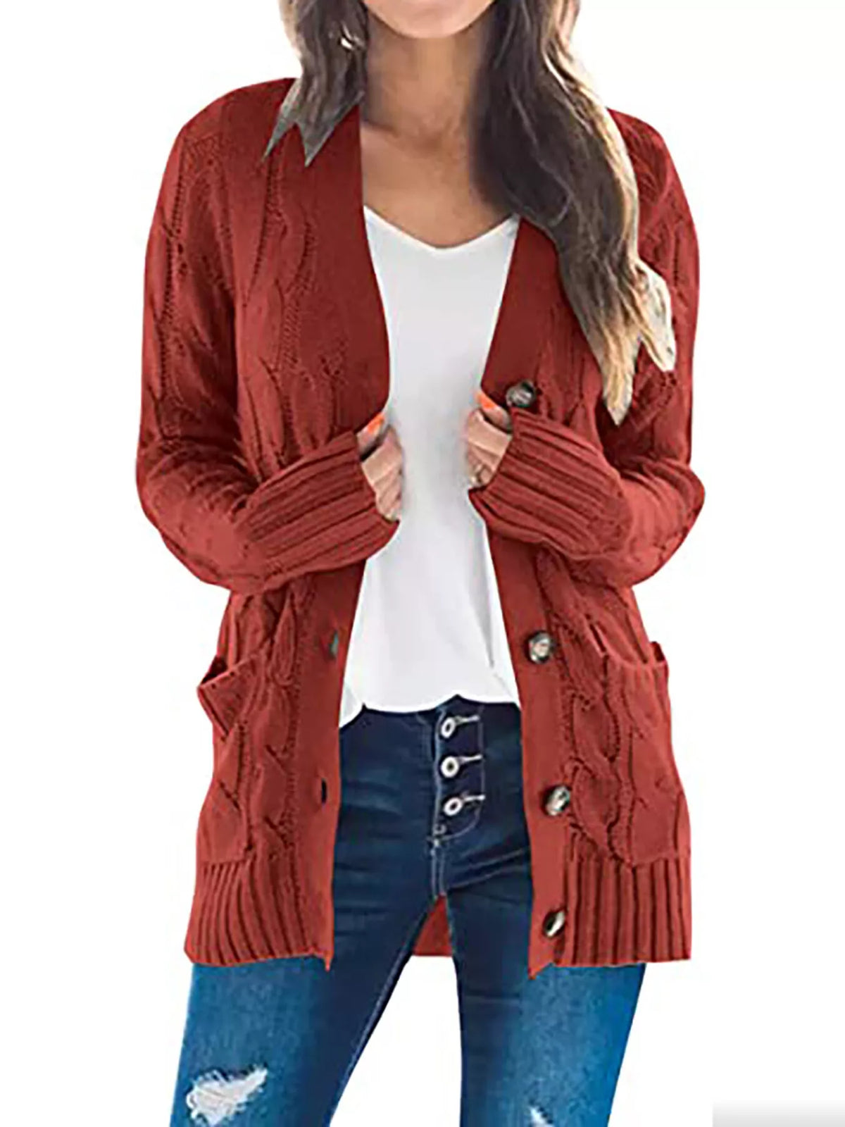 Full Size Chunky Cable Knit Button-Down Cardigan Plus Size - Lilixa.store