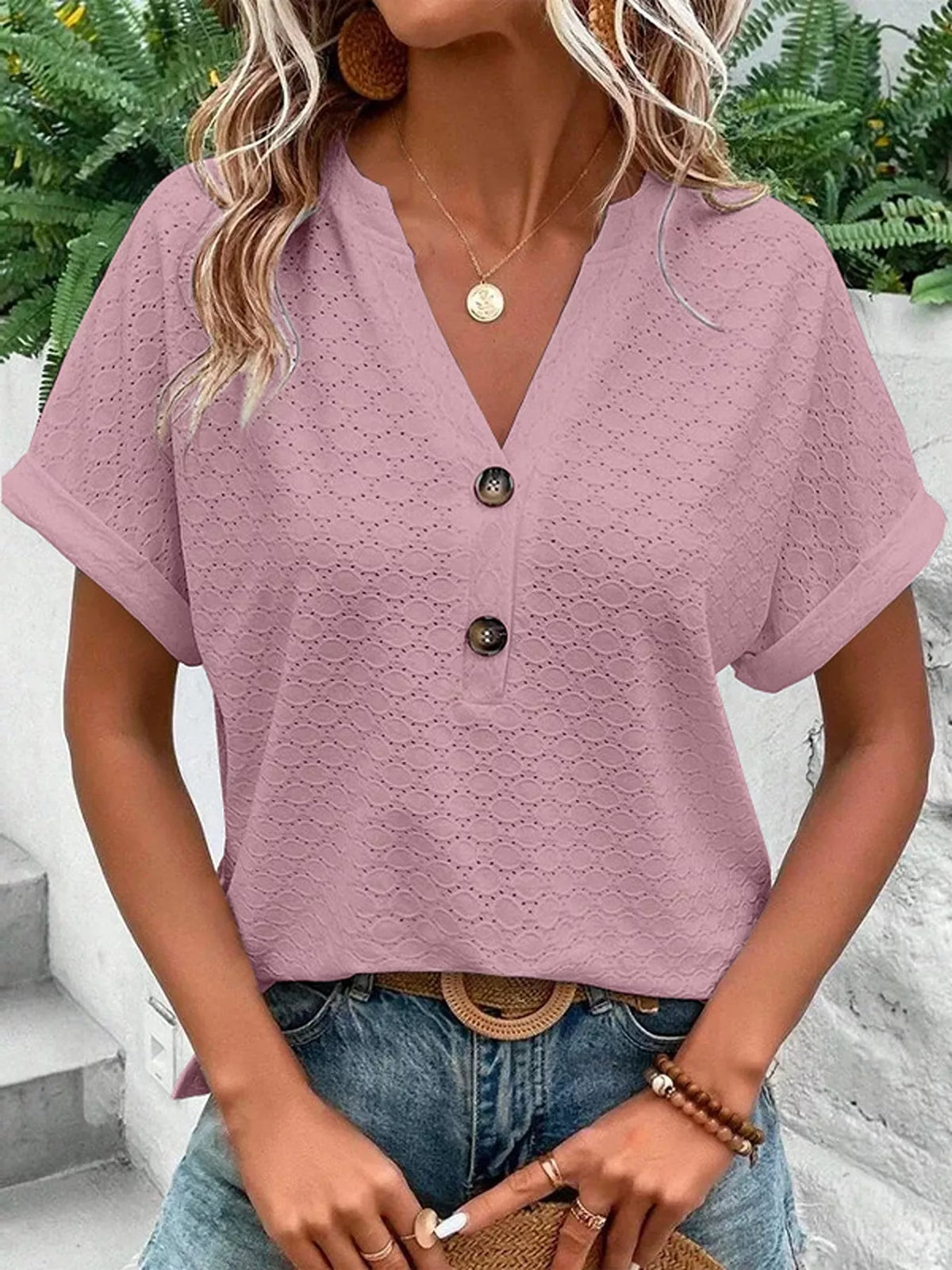 Notched Short Sleeve Top - Lilixa.store