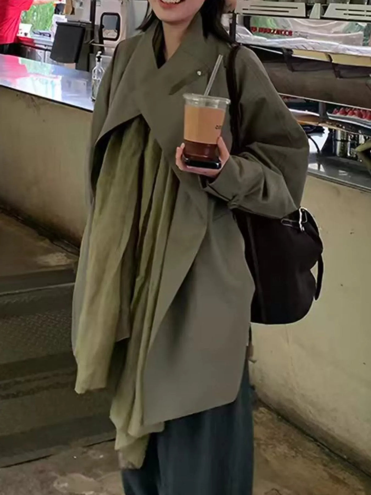 Open Front Long Sleeve Trench Coat in Moss