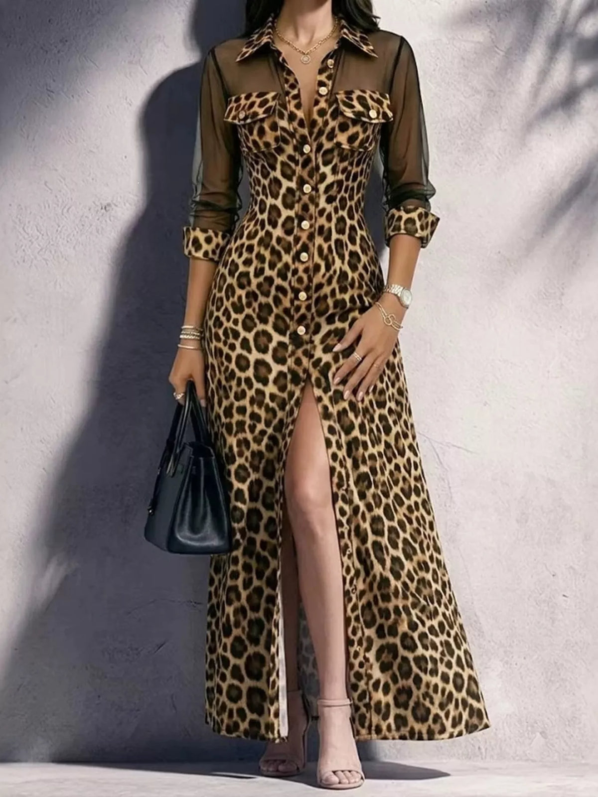 Full Size Leopard Sheer Mesh Long Sleeve Button-Down Maxi Dress Plus Size