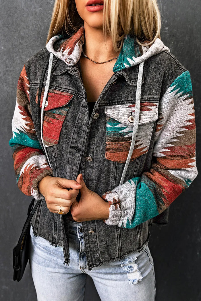 Drawstring Hooded Pocketed Denim Jacket in Dark Gray