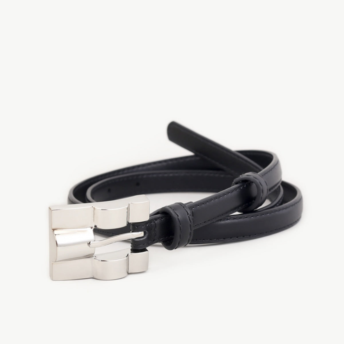 Skinny Leather Belt with Silver Buckle, view 6