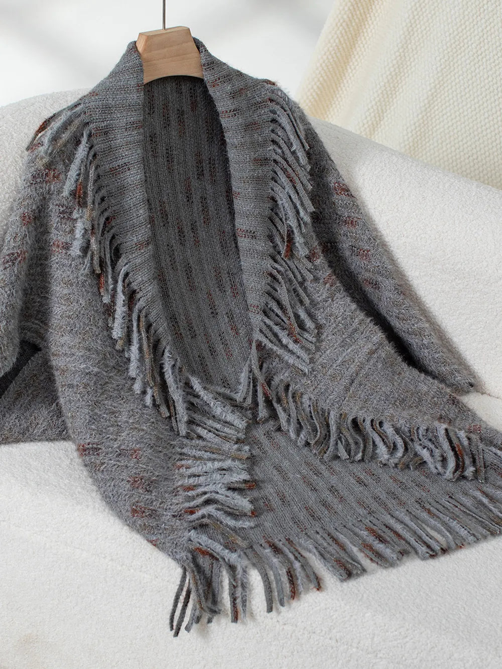 Fringe Open Front Half Sleeve Poncho in Dark Gray