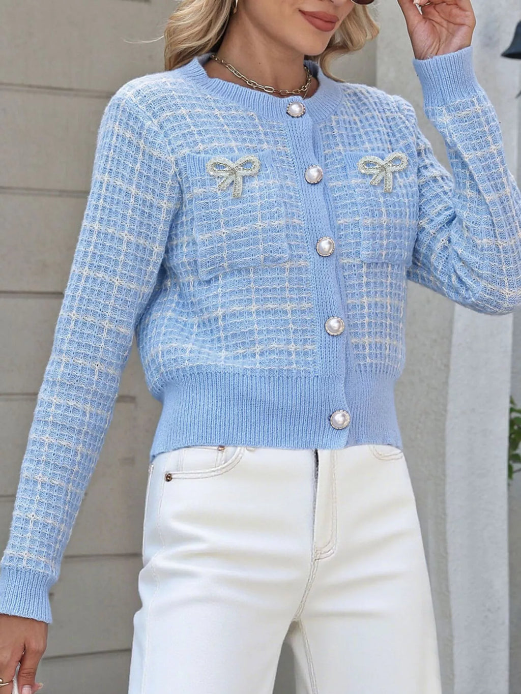 Tweed-Style Bow Button-Down Cardigan - Lilixa.store