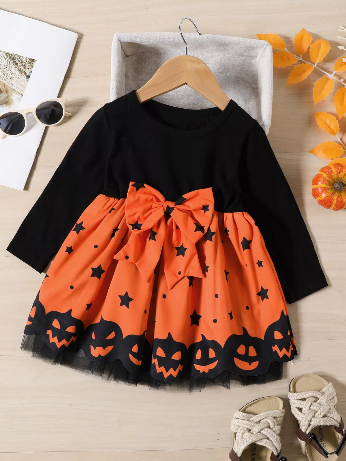 Children's Halloween Pumpkin Print Bowknot Long Sleeve Dress - Lilixa.store
