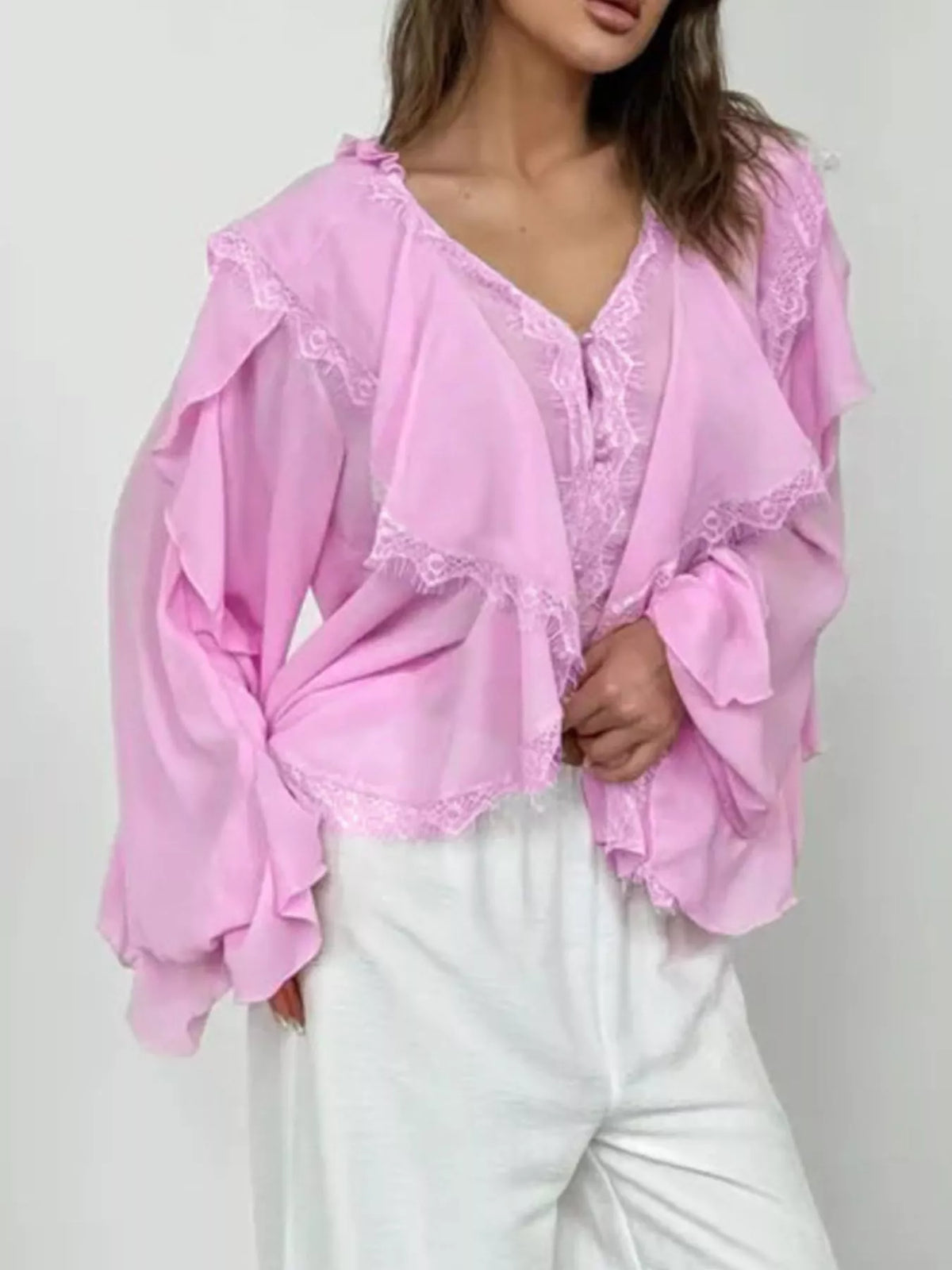V-Neck Ruffled Lace Trim Blouse in Pink