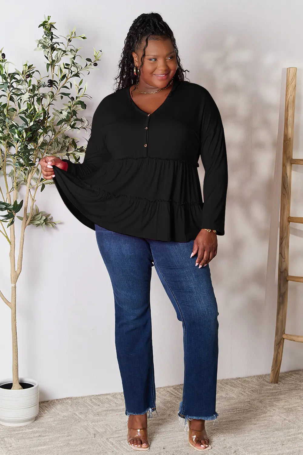 Double Take Half Button Long Sleeve Ruffle Hem Blouse - Lilixa.store