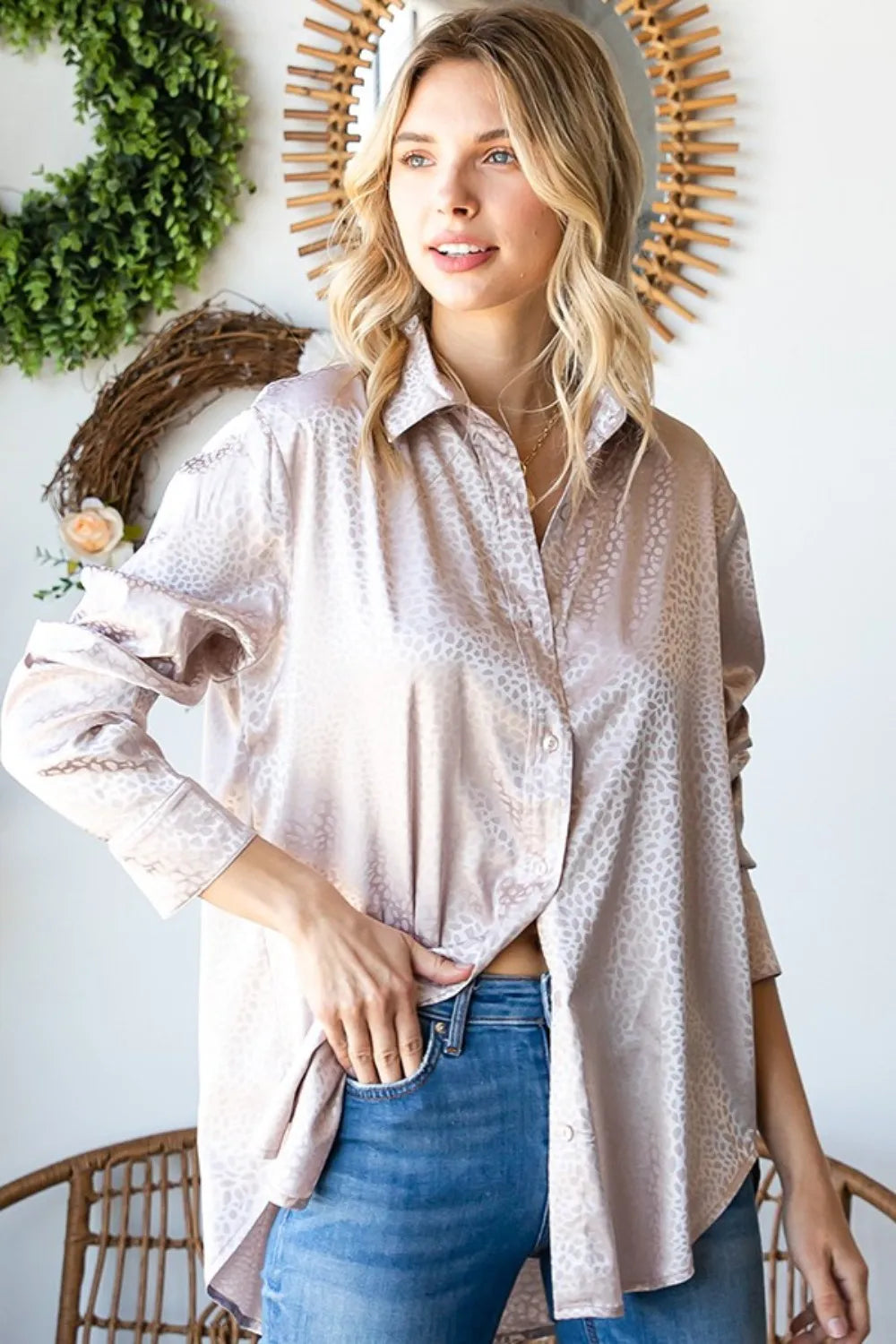 First Love Full Size Ditsy Dot Button Down Collared Satin Shirt - Lilixa.store