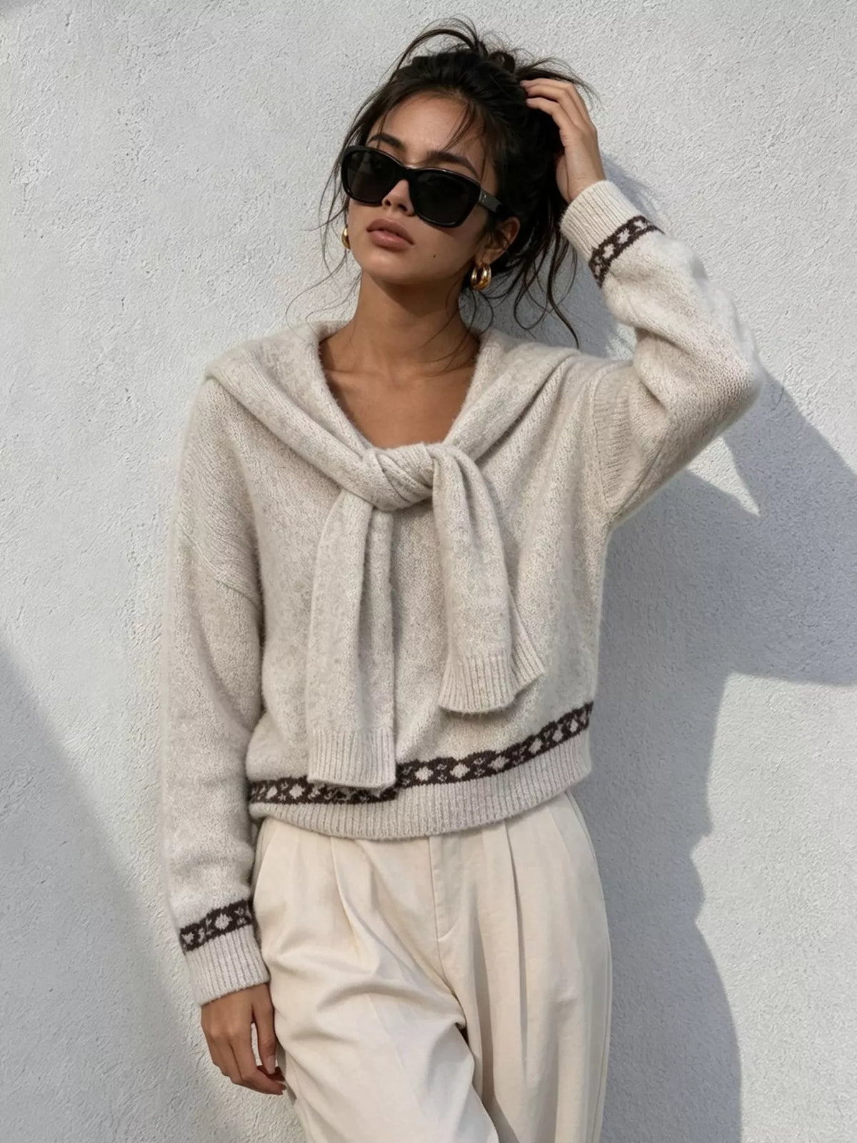 Scarf Detail Dropped Shoulder Sweater