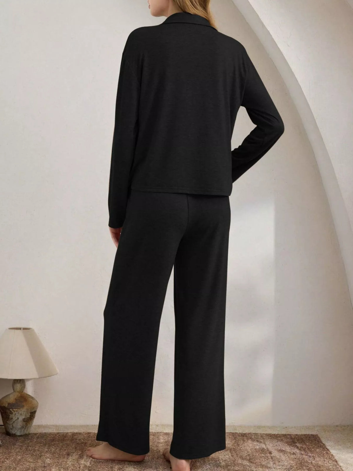 Button-Down Top and Wide-Leg Pants Lounge Set - Lilixa.store
