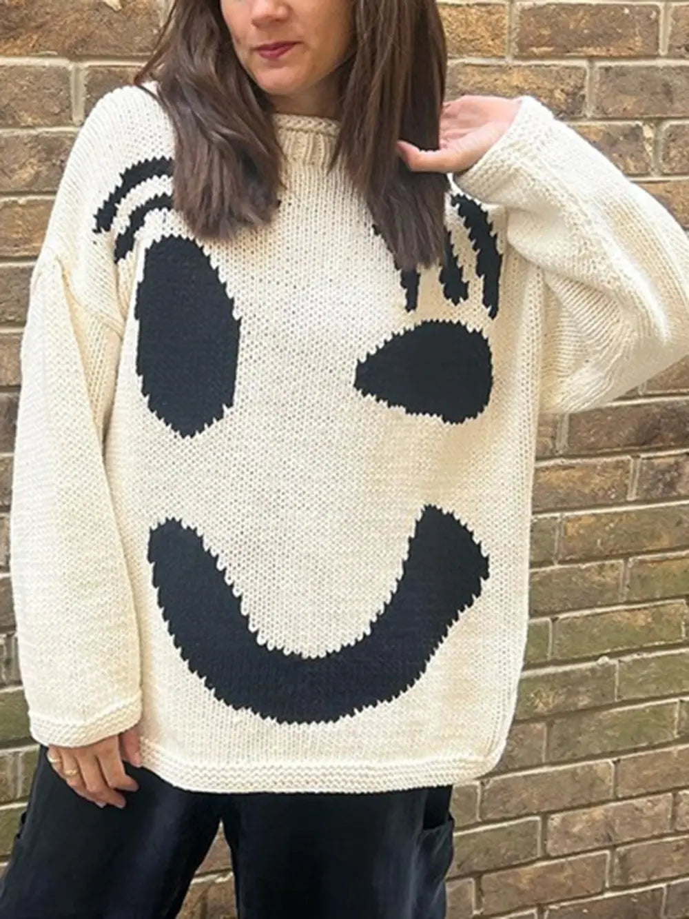 Contrast Drop Shoulder Long Sleeve Sweater in Cream