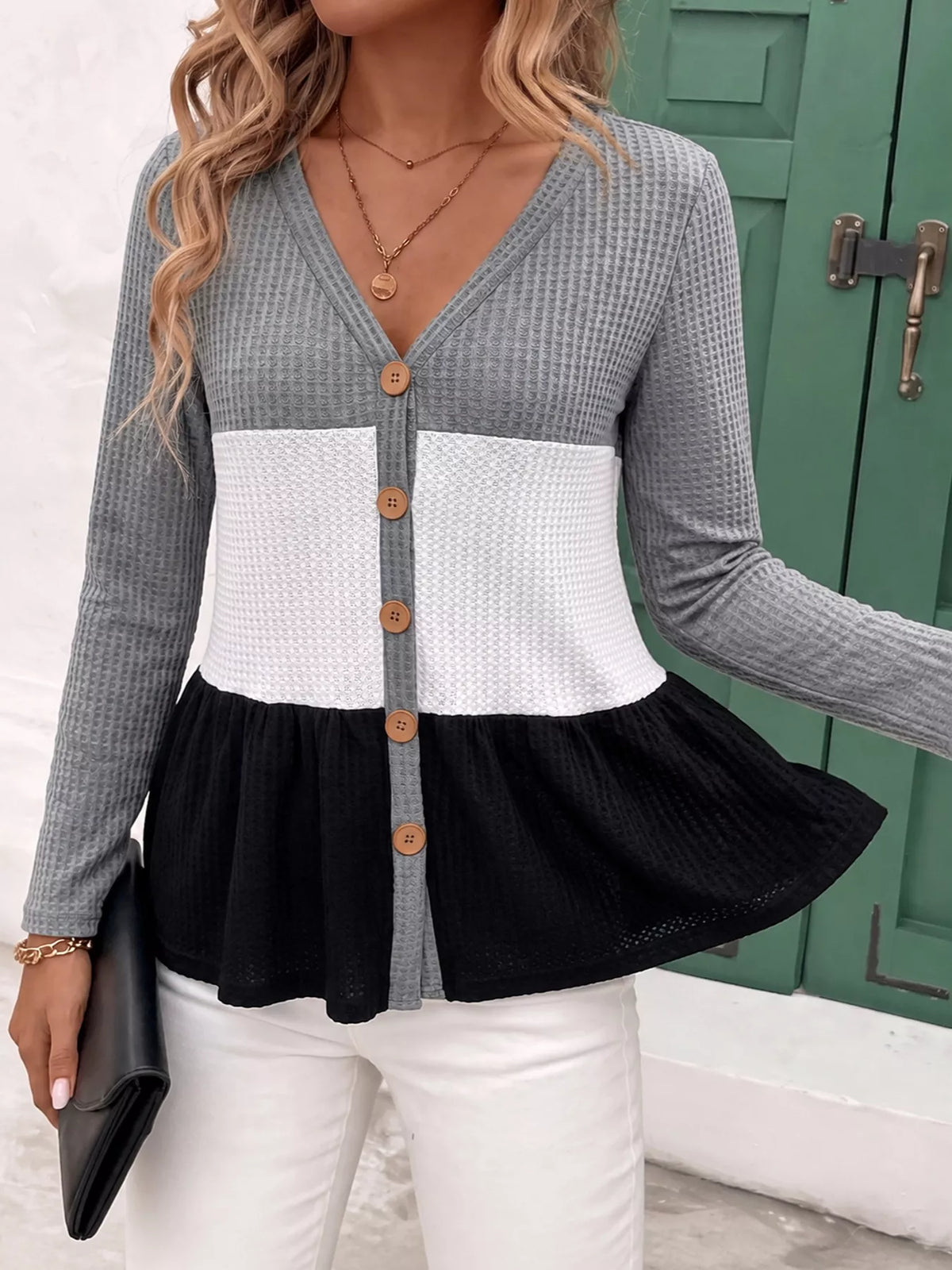 Color Block Waffle Knit Button-Down Cardigan - Lilixa.store