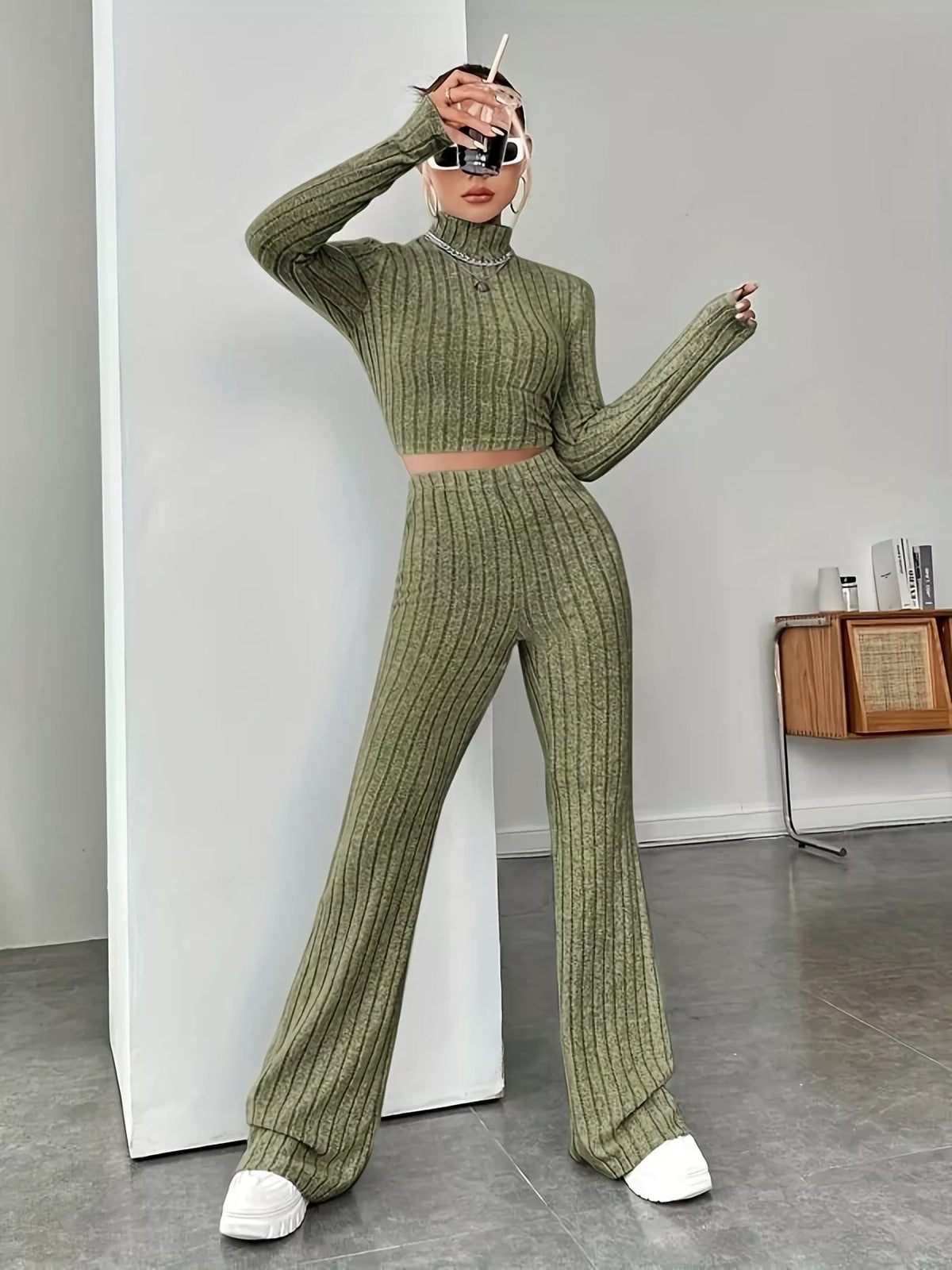 Ribbed Turtleneck Crop Top and Flare Pants Sweater Set - Lilixa.store