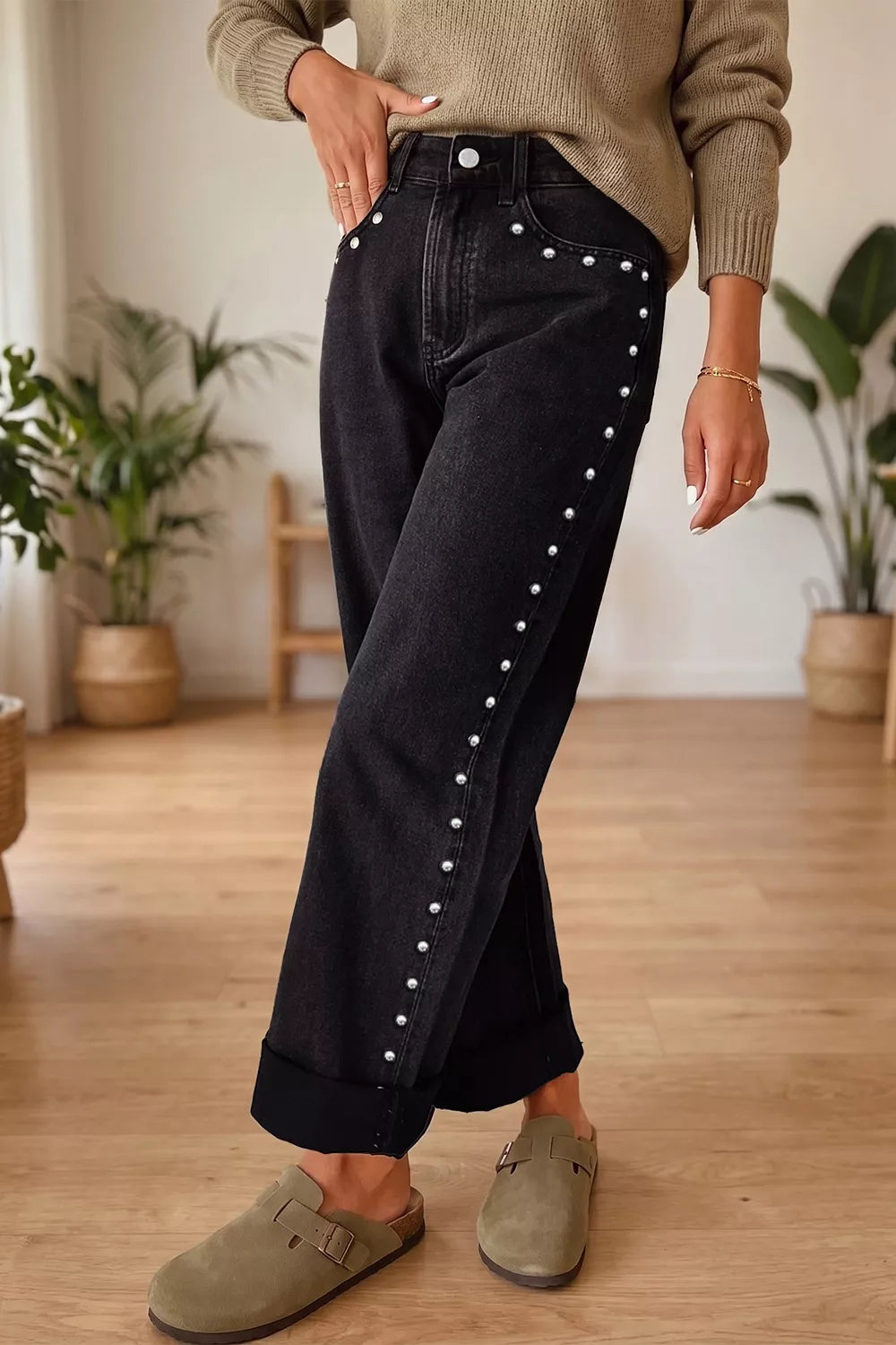 Studded Detail Straight Leg Casual Loose Jeans - Lilixa.store