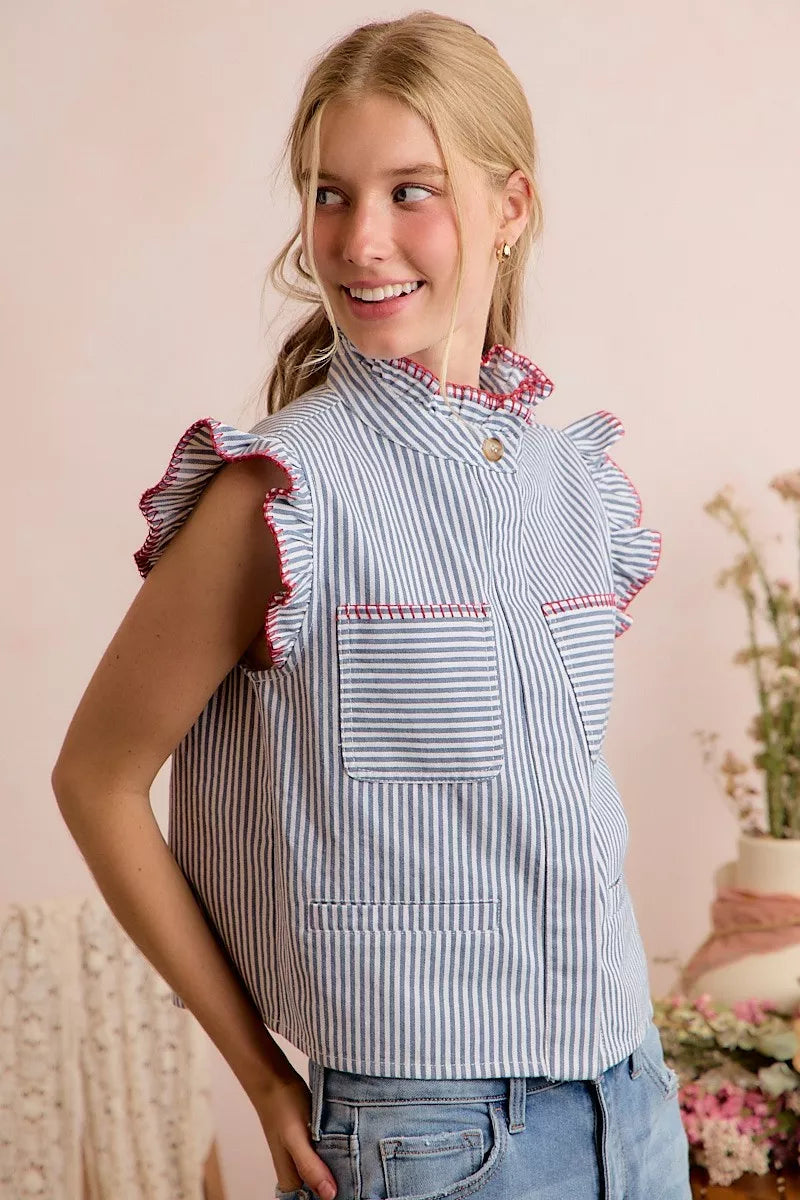 SO ME Stripe Twill Stitch Ruffled Hidden Button Vest Top - Lilixa.store