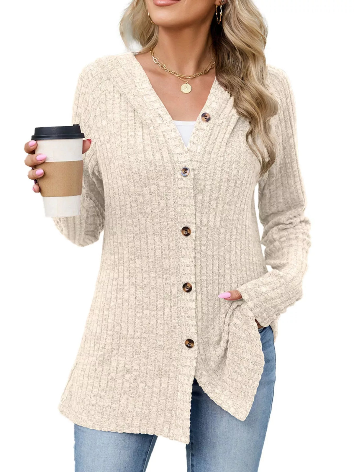 Ribbed Knit Hooded Button-Down Cardigan - Lilixa.store