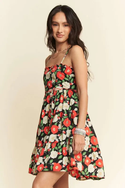 Davi & Dani Floral Scalloped Cutout Back Mini Dress - Lilixa.store