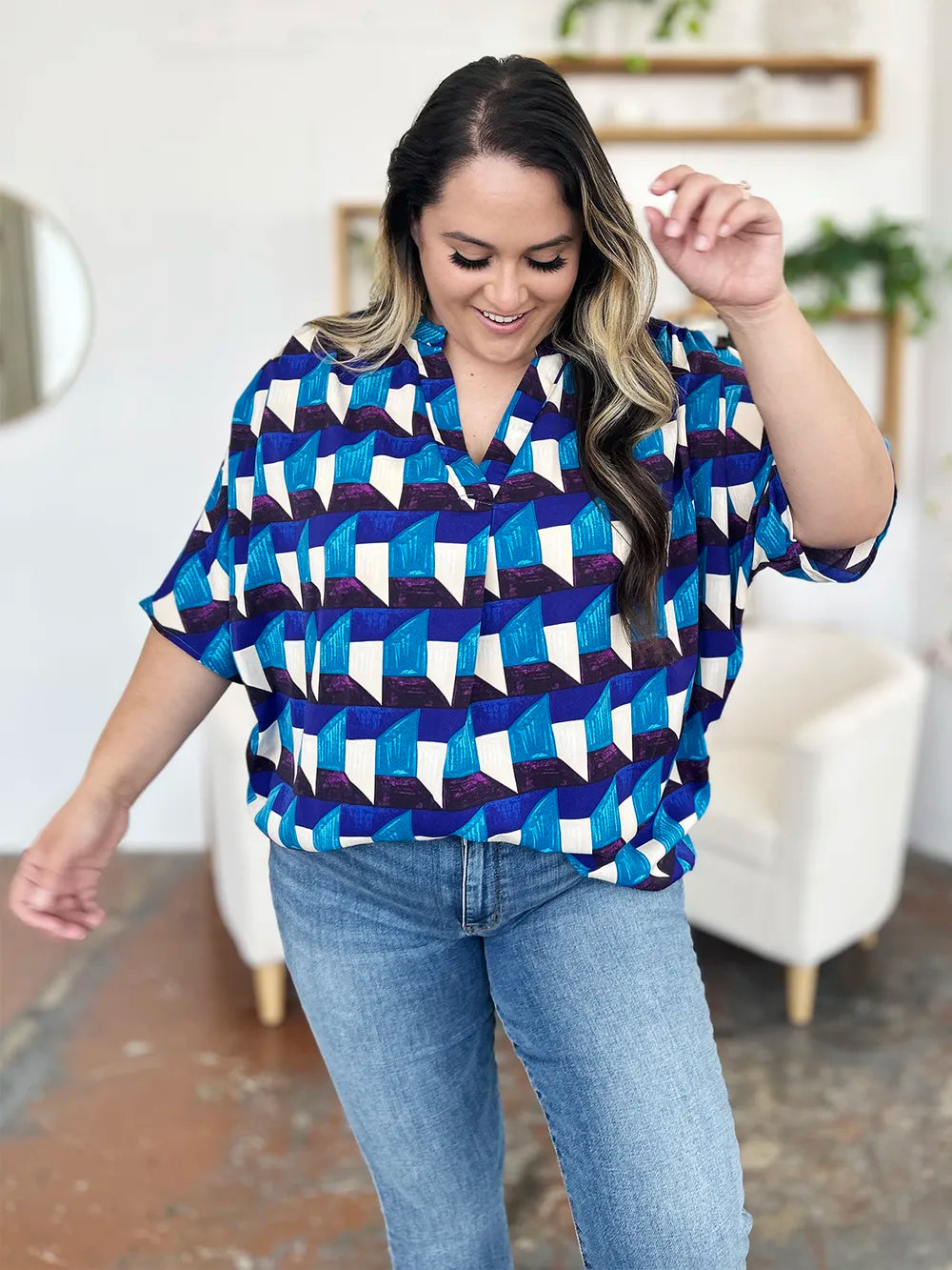 Double Take Full Size Geometric Notched Half Sleeve Blouse - Lilixa.store