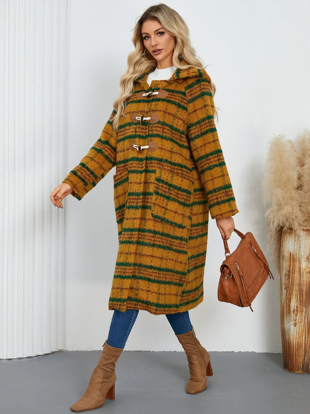 Plaid Long Sleeve Hooded Coat with Pockets, view 10